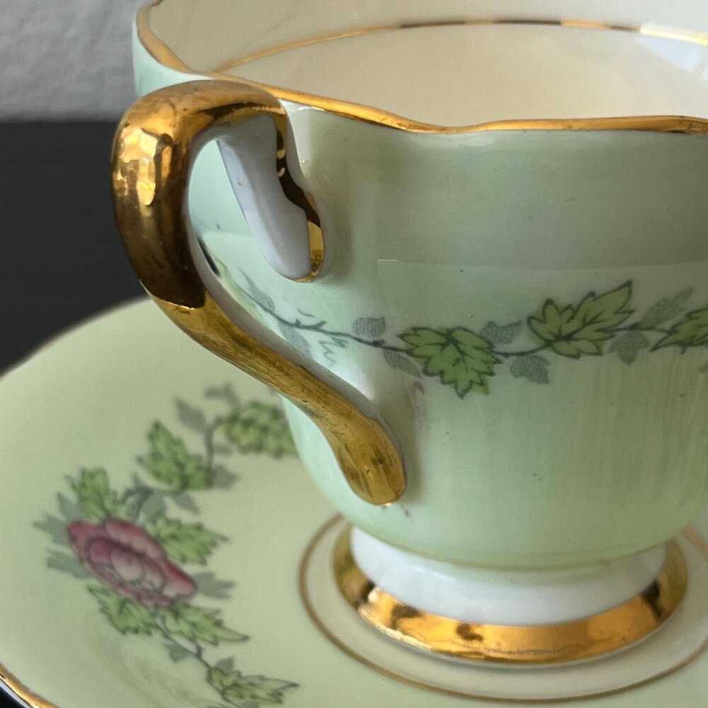 Mint Green Floral Tea Cup & Plate Set // Delphine China England // Floral Design - Picture 3 of 8